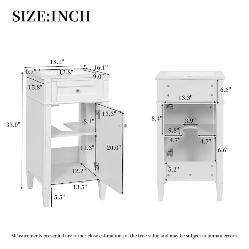 18" Freestanding Single Bathroom Vanity with Ceramic Sink, French Style Cabinet with Soft Close Door