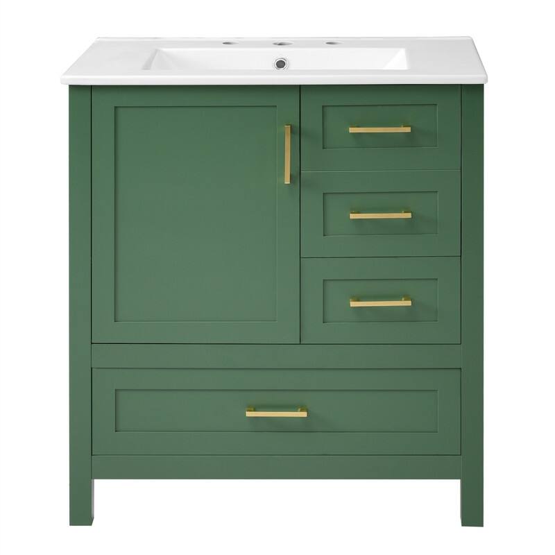 30" Bathroom Vanity with Ceramic Sink Top, Modern Bathroom Storage Cabinet with Soft Close Door, 3 Drawers and Removable Tray