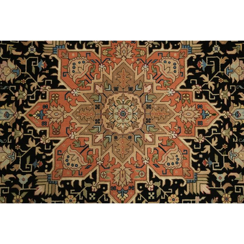 Hand Knotted Oriental Wool & Silk Carpet Traditional Geometric Navy Blue & Blues Tabriz Area Rug - 7' 0'' X 5' 1''