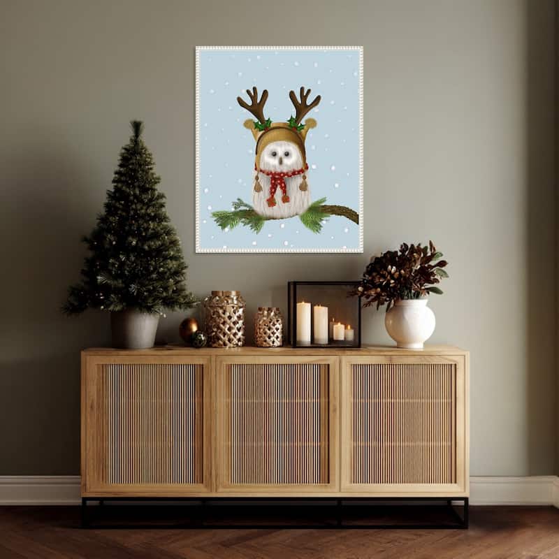 Christmas Fluffy Owl and Antlers by Fab Funky (23 x 28 in.), Framed Canvas Wall Art Print - Sylvie Beaded White