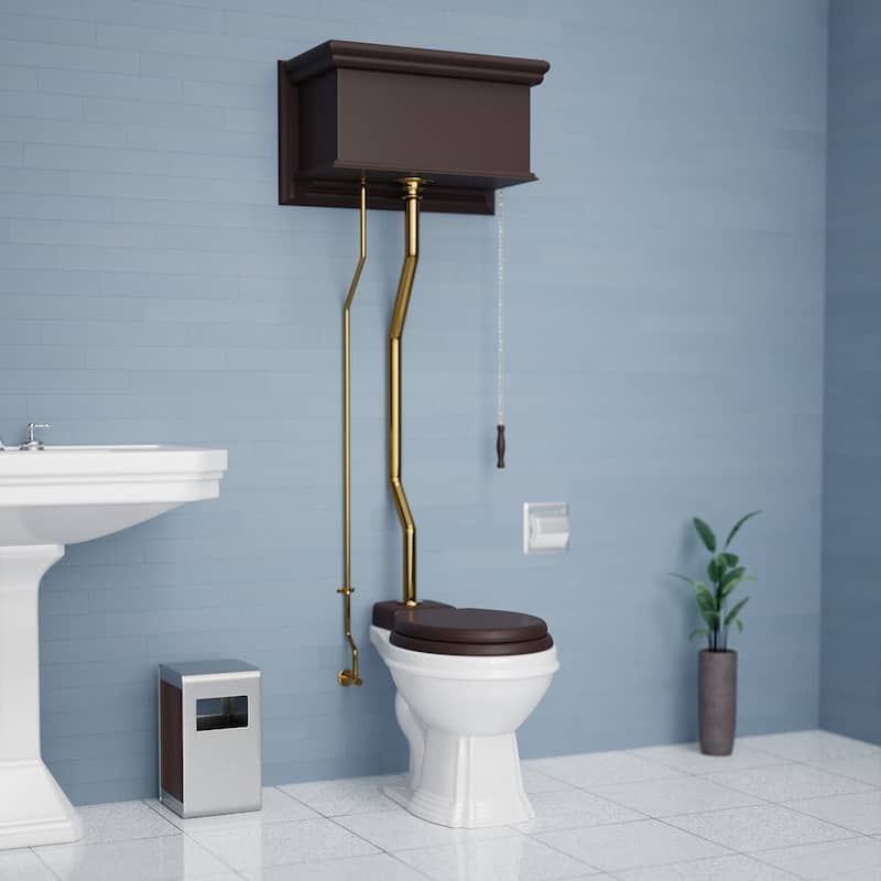 Dark Oak Wooden High Tank Toilet Tank, Elongated White Bowl and Brass Z Pipes