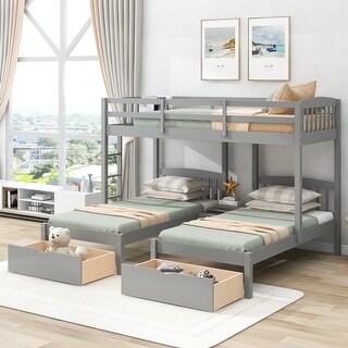 Gray Twin Size Solid Pine Wood Triple Bunk Bed with Bedside Table and Two Drawers