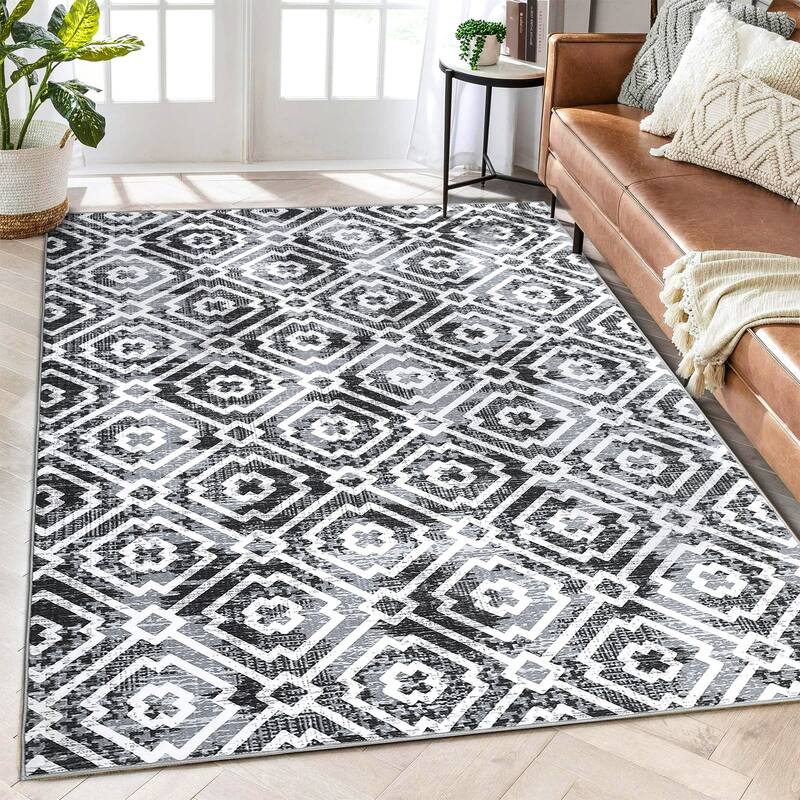 Geometric Area Rugs for Living Room Bedroom Distressed Washable Accent Rug Non-Slip Low Pile Carpet - 5'x7' - Gray Black