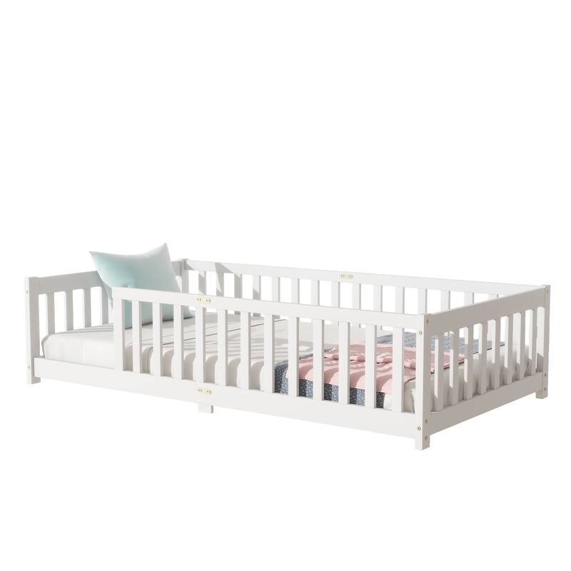 Rubber Wood Twin Size Floor Bed with Fence without Door