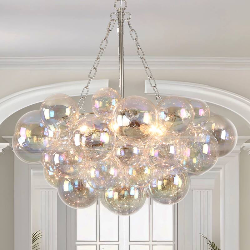 Starsky 6-Light lridescent Bubble Glass Globe chandelier, Hand-Blown Colorful cluster Light, Adjustable Height, Gold or Nickel