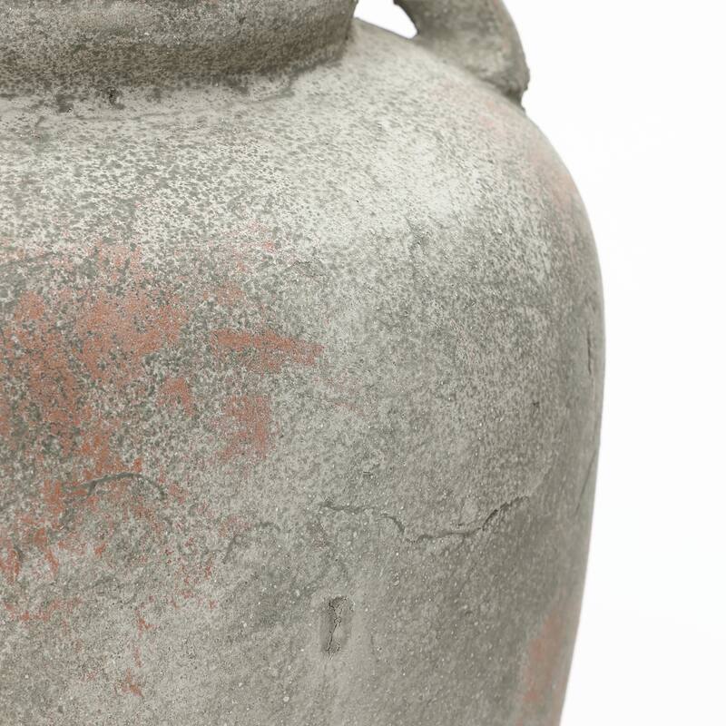 Rustic Old-World Gray & Brown 13.4" Tall Round Terracotta Vase with Handles