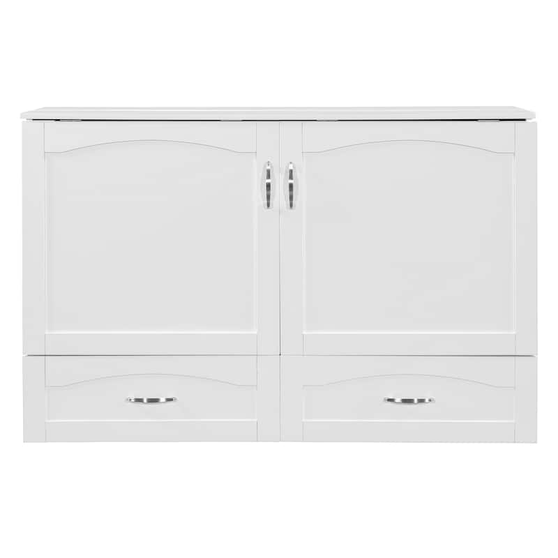 Queen Size Murphy Bed Wall Bed with drawer and a set of Sockets & USB Ports, Pulley Structure Design, White