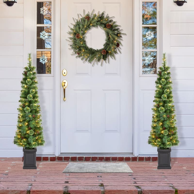 Glitzhome 5ft/6ft/7ft Pre-Lit Green Pine Christmas Potted Porch Tree with LED Lights and Remote Control