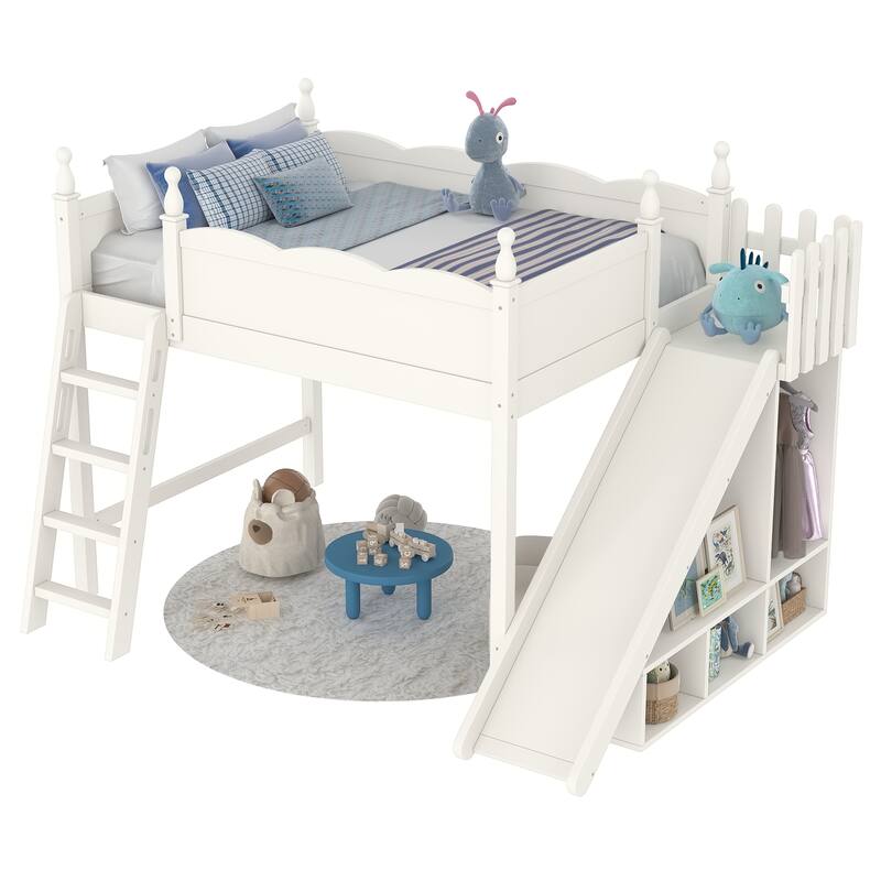 Full Loft Bed with Storage Shelves and Wardrobe, Solid Wood Loft Beds with Detachable Slide and Ladders, No Spring Box Needed