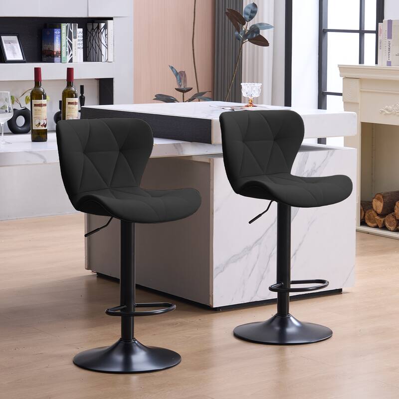 Set of 2 Modern Adjustable Height Bar Stools Padded PU Leather Swivel Stools - Black