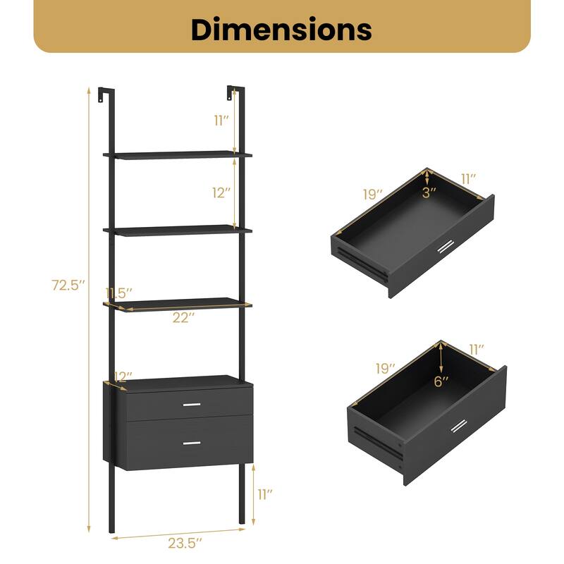Black Engineered Wood Ladder Bookcase with Metal Frame and Drawers - 23.5" x 12" x 72.5"