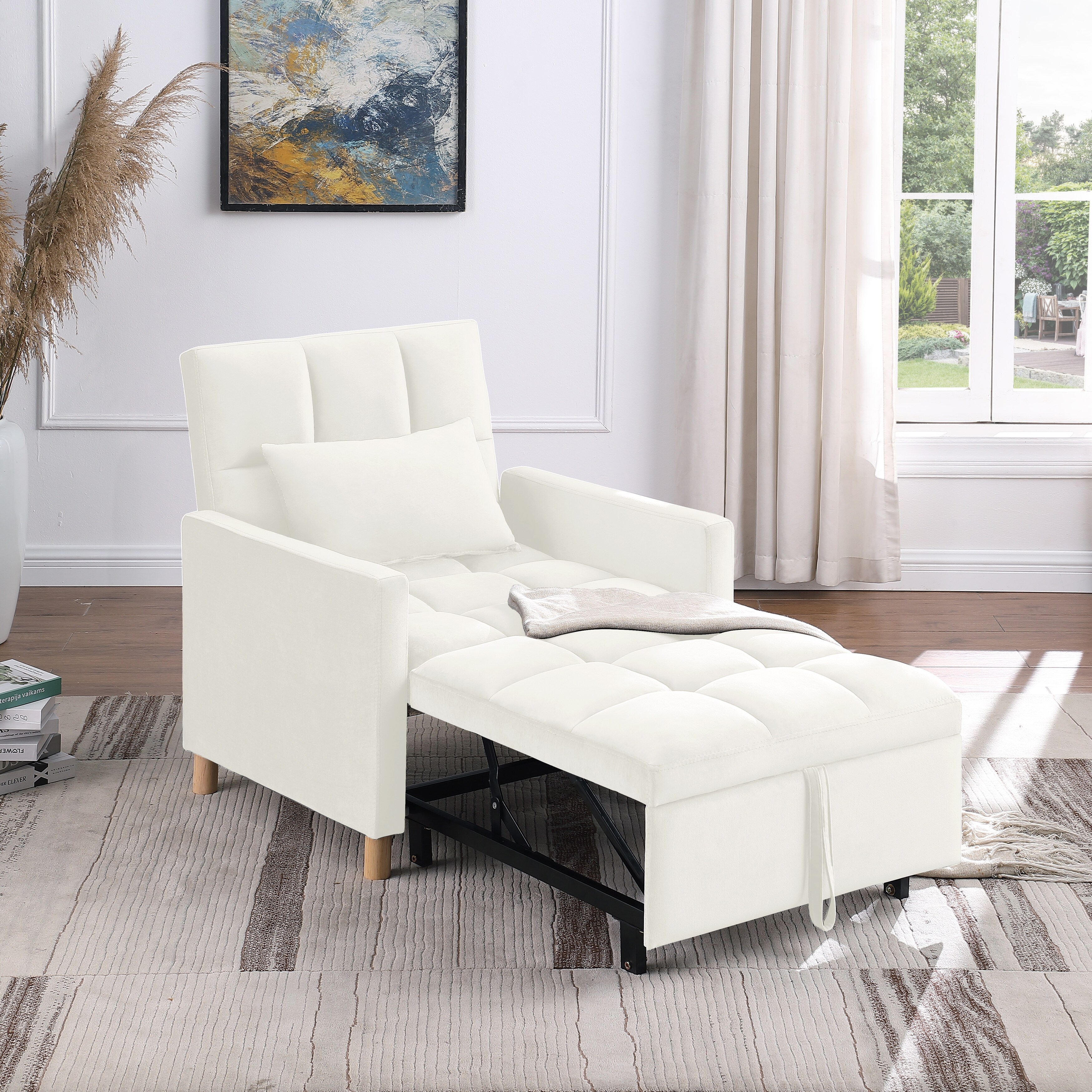 Convertible White Chaise Lounge Sofa Velvet Sleeper Sofa Bed Versatile