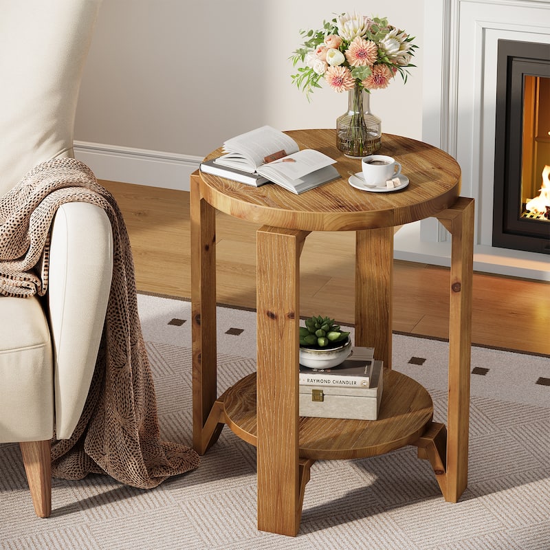 Round End Table with Storage Shelf, 2 Tier Solid Wood Side Table for Living Room