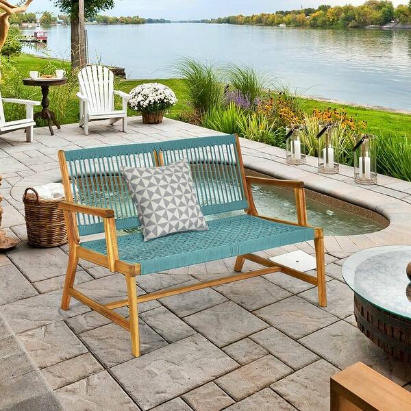slide 2 of 6, Gymax Wooden Rope Bench Loveseat Patio Garden Outdoor w/ Backrest & - 46.5'' x 29.5'' x 32'' Turquoise, Black