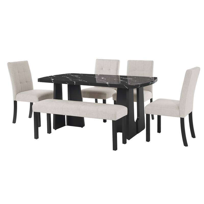 Dining Table Set for 6, Faux Marble Table with 4 Upholstered Chairs & Bench, 6-Piece Modern Kitchen Table Chairs Set