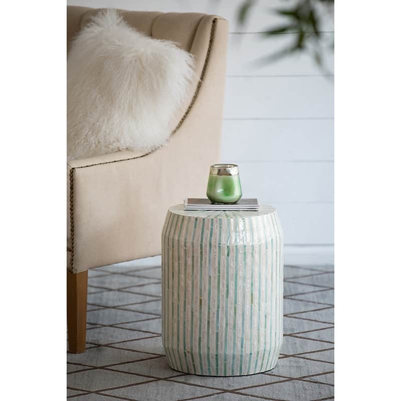 14x14x18" Cream And Green Cylinder Accent Stool With Striped Pattern - Cream+Green