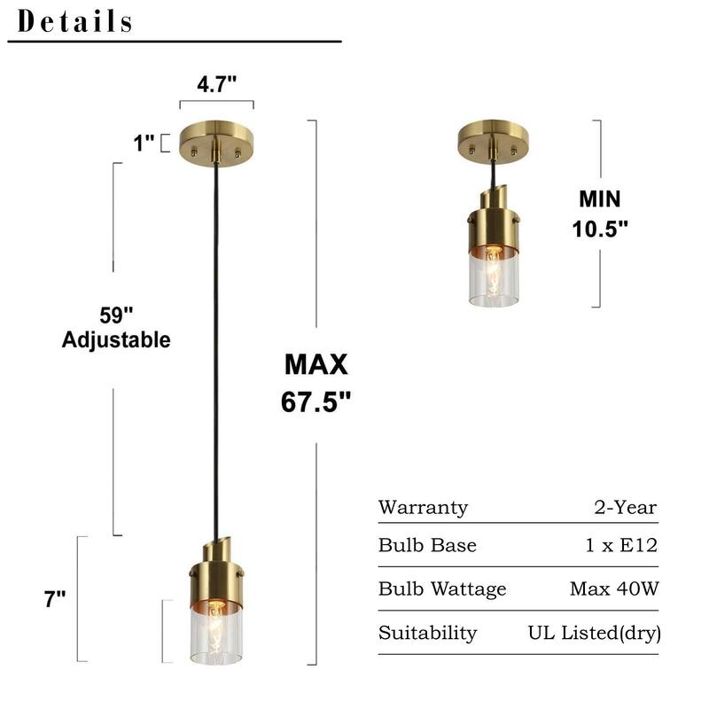 Mid-Century Modern 1-Light Gold Hanging Pendant Lights Cylinder Glass Kitchen Island Lights - 3"L