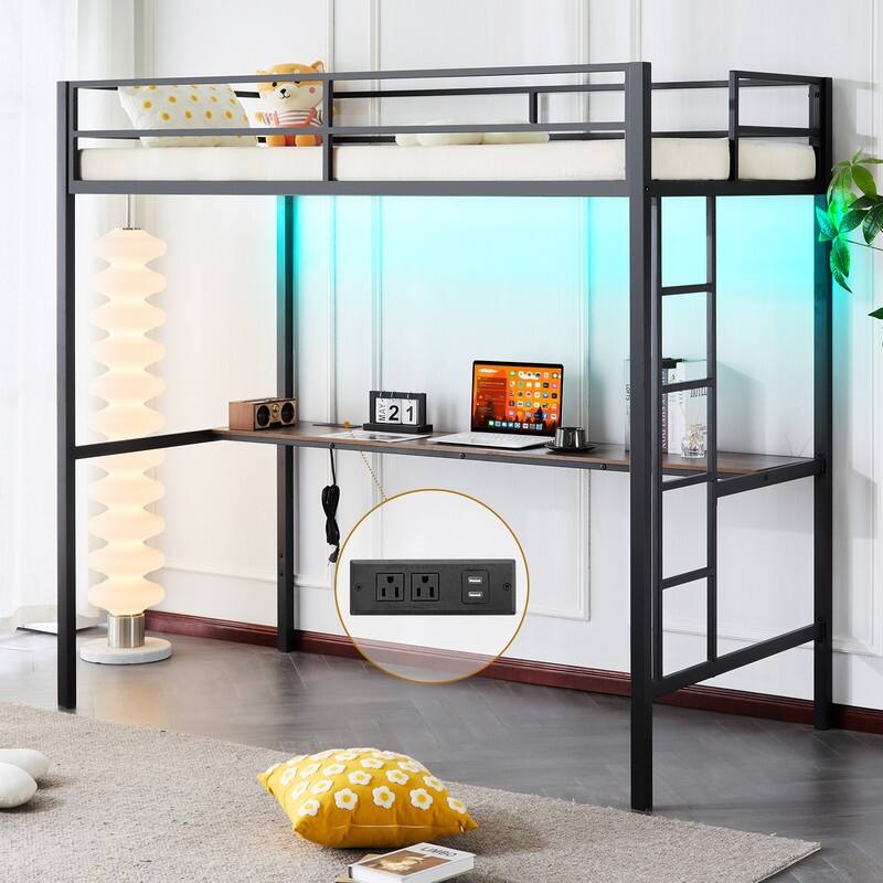 Twin Square Tube Raised Bed With Table Outlet LED Light Strip Iron Bed USA