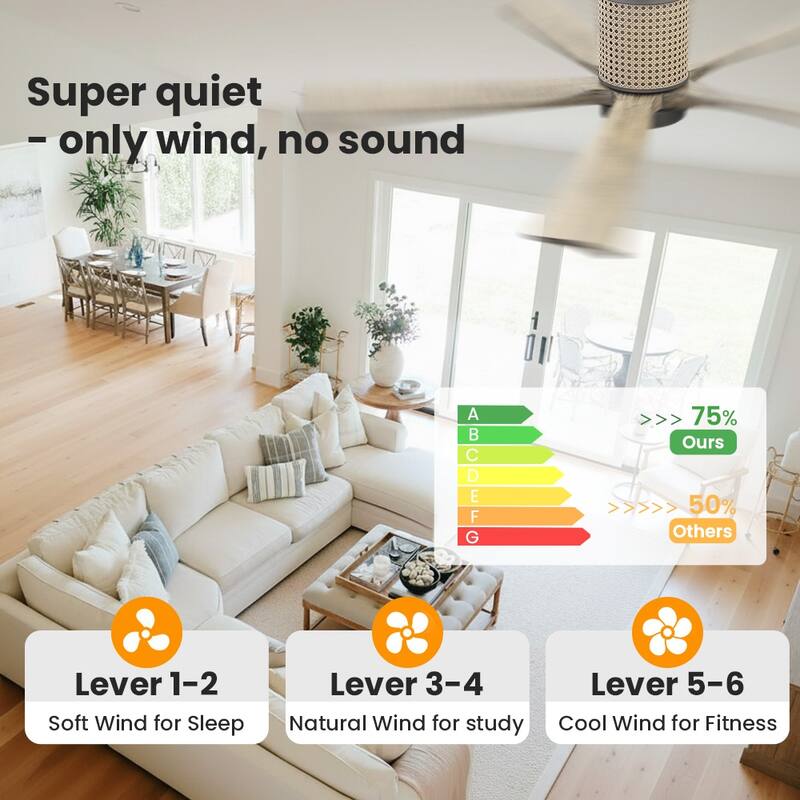 MLiAN 5 Solid Wood Blades Ceiling Fan with Lights Remote Control 6-Speed DC - 54''