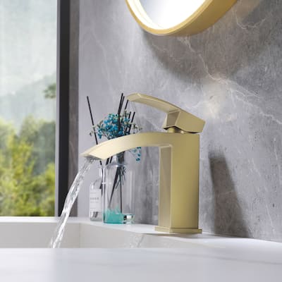 Modland Waterfall Bathroom Faucet Single Hole, CEC/CUPC Certified, with Cover Plate (Brushed Gold/Matte Black)