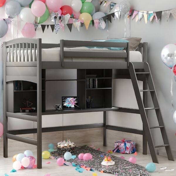 slide 2 of 9, Twin size Loft Bed With Storage Shelves,Desk And Ladder for Home Grey