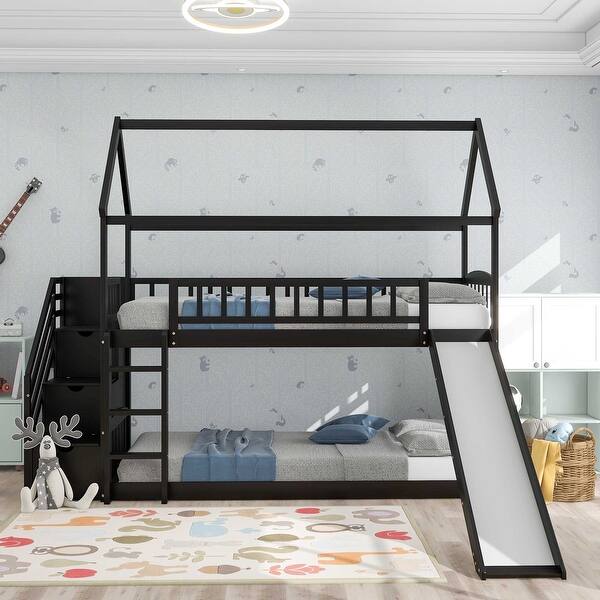 slide 2 of 8, Twin Bunk Bed with 3 Drawers, Slide, Staircase, and Safety Guardrails Espresso