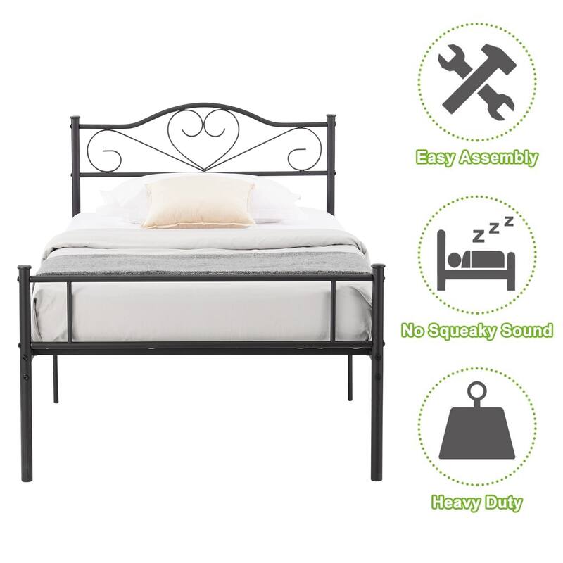 VECELO Twin Size Metal Bed Frame Set of 2, Heavy Duty Platform Beds with Headboard, No Box Spring Needed, Under Bed Storage