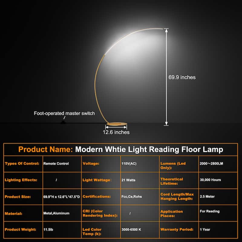 69.9 inch Gold Arc Floor Lamp