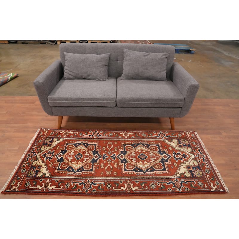 Hand Knotted Oriental 100% Wool Carpet Traditional Geometric Oranges & Rust Heriz (serapi) Area Rug - 6' 0'' X 2' 8''