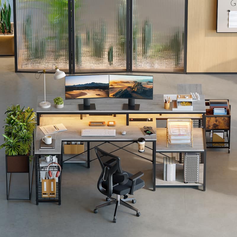 Bestier 71.5“” Computer Desk with Power Outlets, L Shaped LED Home Office Desk with Long Monitor Stand and Cup Holder & Hooks