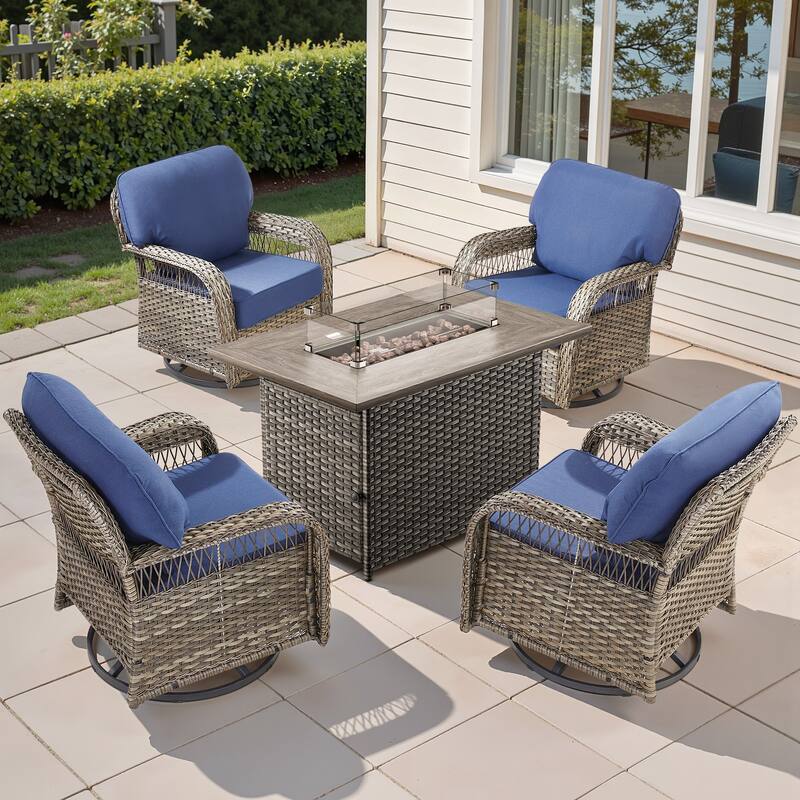 Pocassy Patio Sofa Ottoman Swivel Chair Table with Fire Table Funiture Set. - Gray Wicker Blue Cushion - 5-Piece Swivel Chair with Fie Pit Table