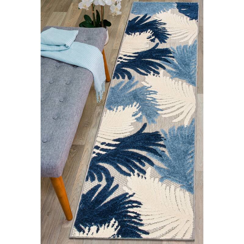 World Rug Gallery Tropical Floral Indoor/Outdoor Area Rug - 2' x 7' Runner - Navy
