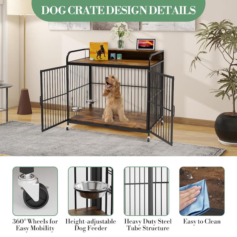 Dog Crate with Wheels, Adjustable Feeder, Storage Shelf, Table Top