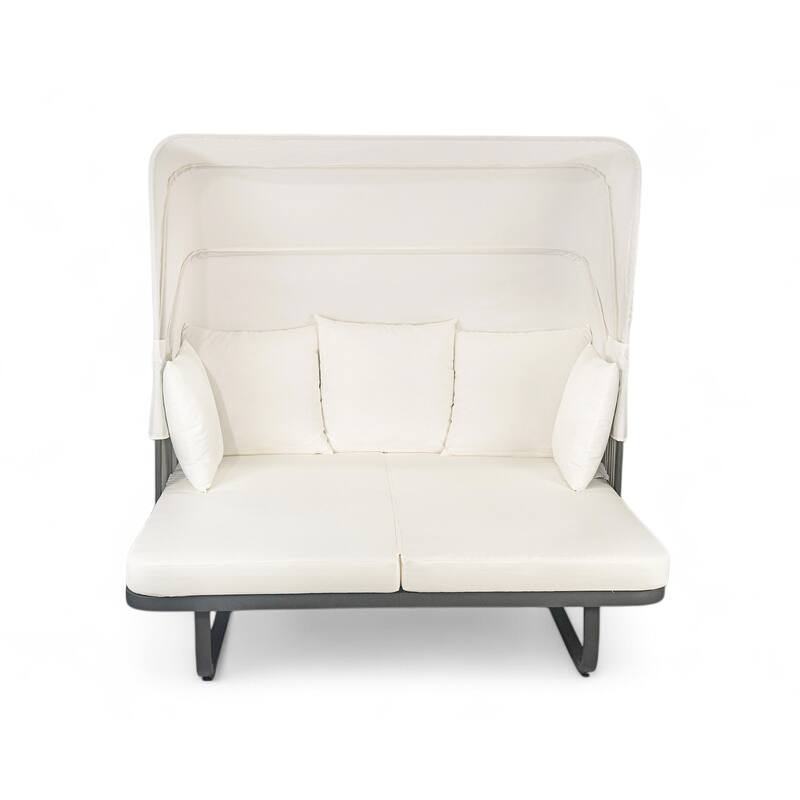 57" Outdoor Patio Rattan Daybed Sunbed with Retractable Canopy and Pillows