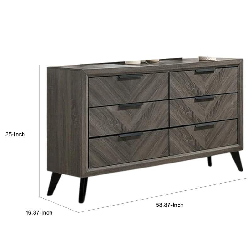 Vey Wide Dresser, 6 Drawers, Finger Handles, Black Chevron Solid Wood