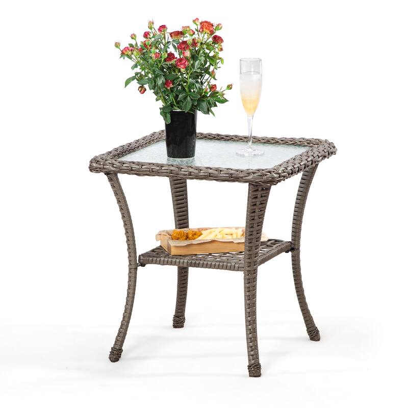 Cozywor Brown Wicker Outdoor Patio Side Table Square Coffee Table