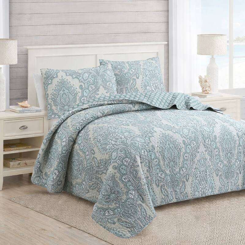 Cozy Line Ornate Paisley Medallion Grey Blue Cotton 3 Piece Queen Quilt Bedding Set - Queen
