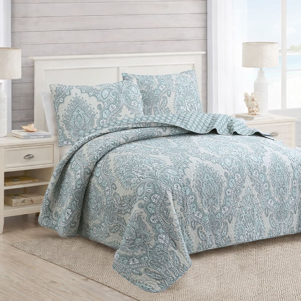 Cozy Line Ornate Paisley Medallion Grey Blue Cotton 3 Piece Queen Quilt Bedding Set