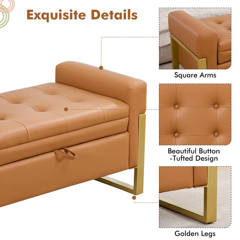 66" Storage Bench for Bedroom End of Bed with Double Lids and Gold Legs