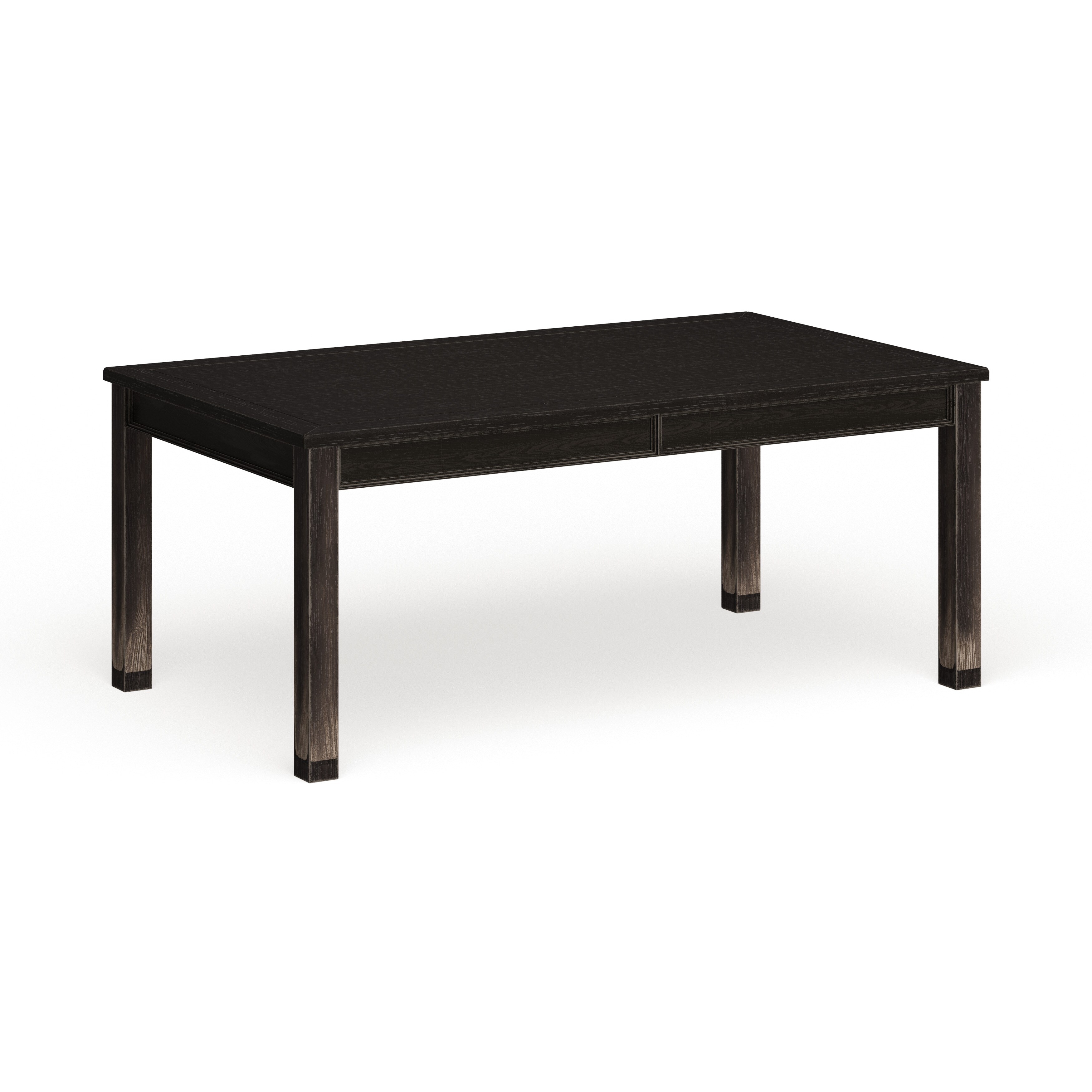 A black solid wood dining table with four legs.