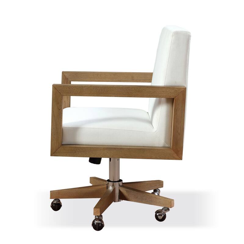 Rux 24 Inch Office Swivel Chair, White Fabric, Rolling Base, Brown Wood