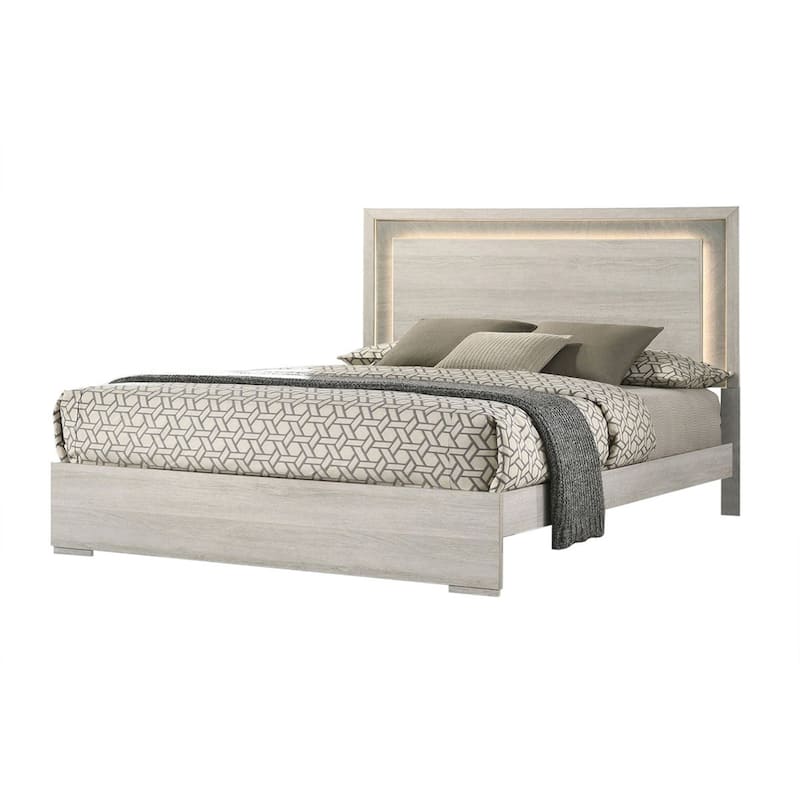 Nomi King Size Bed w LED on Headboard, Antique White Wash Finsih