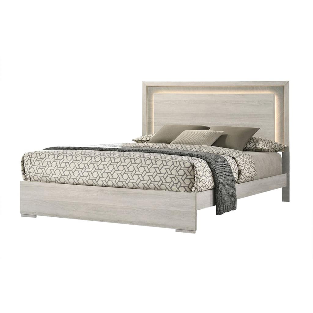 Nomi King Size Bed w LED on Headboard, Antique White Wash Finsih