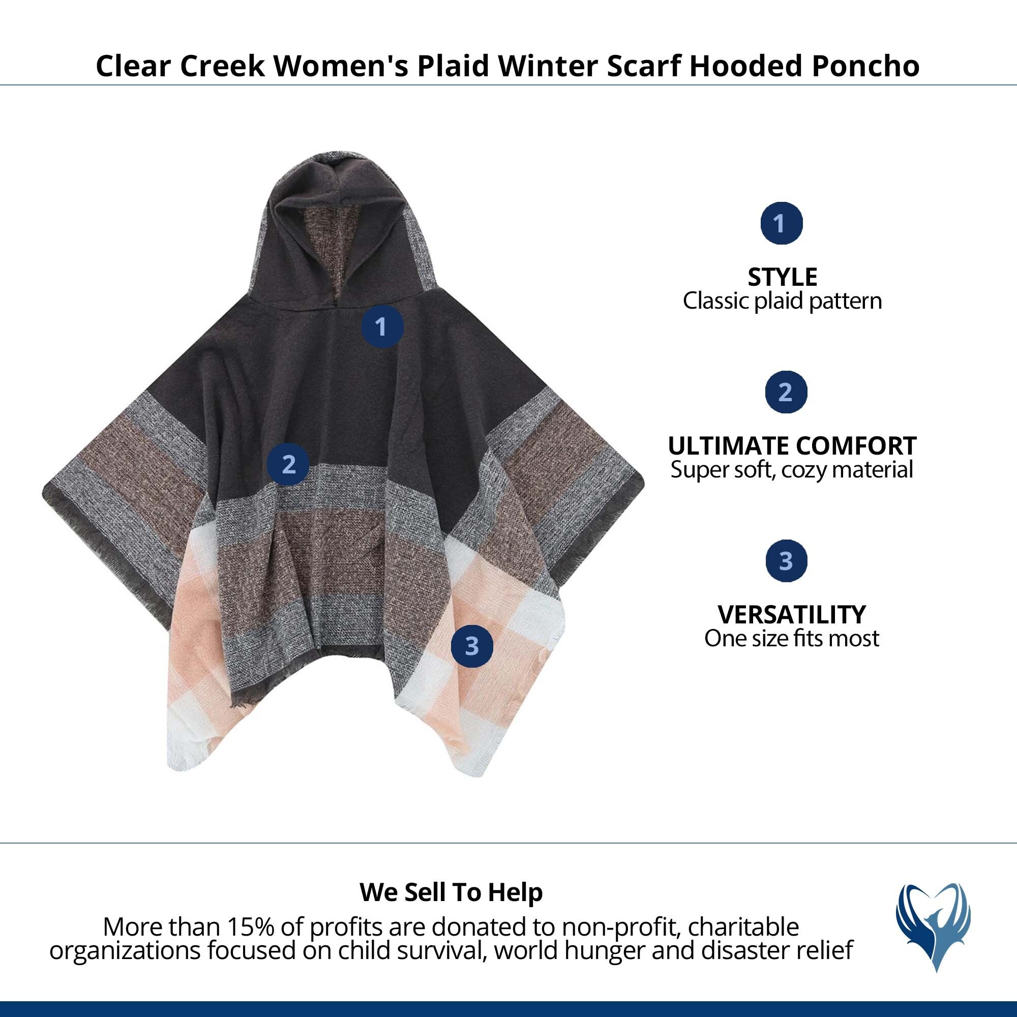 Clear Creek Women's Plaid Winter Scarf Hooded Poncho - one size