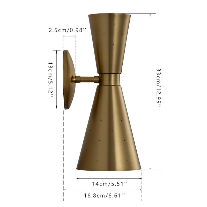 2-Light Mid-Century Modern Metal Up&Down Dual Horn Hourglass Vanity Light Industrial Cone Wall Sconce