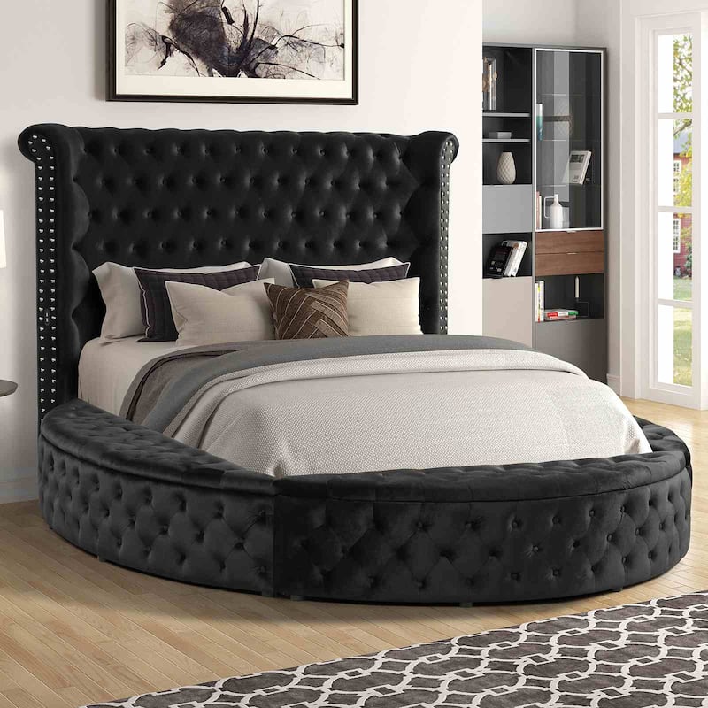 Modern Black Finish Fully Upholstered Round Wingbak Storage USB Bed 1pc