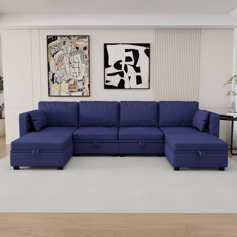 6-Seat U-Shaped Modular Reversible Sectional Sofa with Storage Ottoman