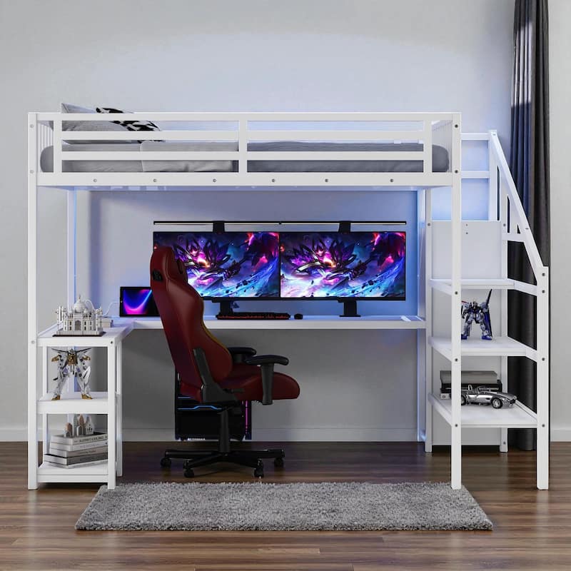 Metal Queen Loft Bed with Wardrobe, L-Shaped Desk, USB Charging Ports and LED Light, Space-Saving Loft Bed for Adults and Teens