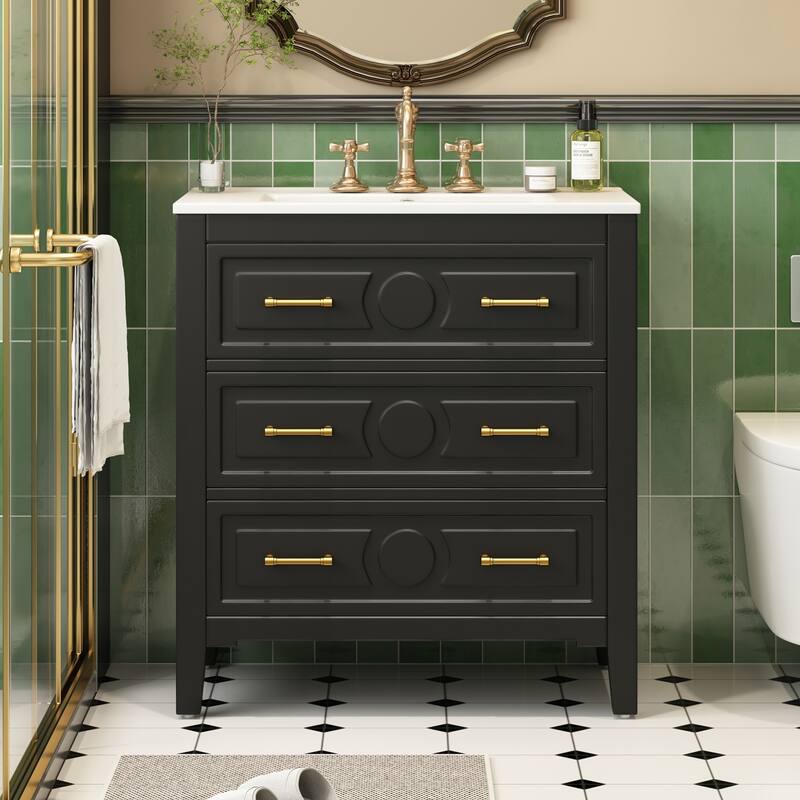 30'' Freestanding Bathroom Vanity with White Integrated Ceramic Sink - 30'' x 18.3'' x 34''