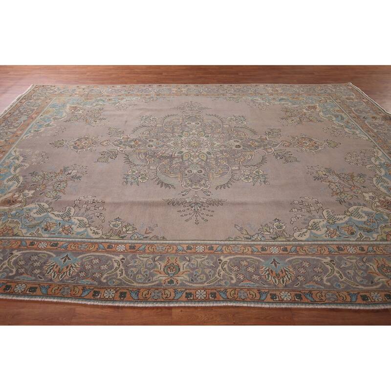 Beige & Gray Tabriz Persian Vintage Area Rug Handmade Wool Carpet - 9'4"x 12'5"